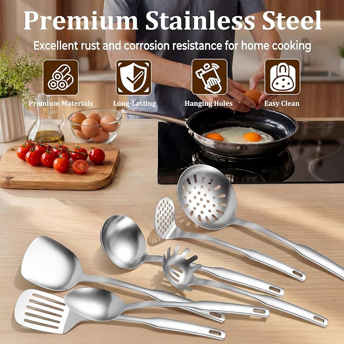 TeamFar Stainless Steel Cooking Utensils Set, 7 Pcs Kitchen Utensils, Heat Resistant Metal Kitchen Tools Include Solid & Slotted Turner/Spoon/Ladle/Skimmer/Pasta Server/Potato Masher, Dishwasher Safe