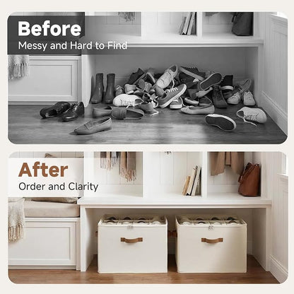 StorageWorks Shoe Organizer for Closet, Shoe Storage Cubby Containers with Adjustable Dividers and Clear Cover, Fits up to 16 Pairs, Foldable Shoe Storage Box for Closet, Entryway, Beige