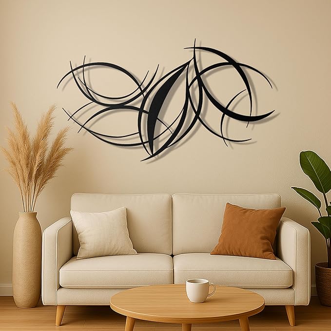 pluviart Modern Abstract Metal Wall Art – Black Curved Lines Sculpture for Living Room, Bedroom or Office – Large 3D Contemporary Home Decor – Minimalist Iron Wall Accent (50”x28”)