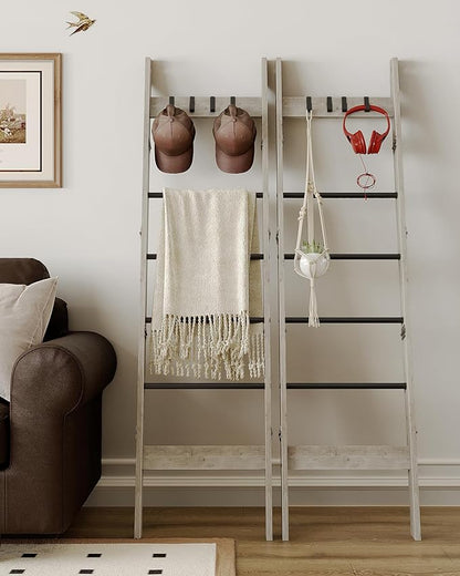 Hzuaneri Blanket Ladder for Living Room, Decorative Quilt Rack with 4 Removable Hooks, 6-Tier Farmhouse Ladder Holder Shelf Organizer for Bedroom, Greige and Black BR31505B