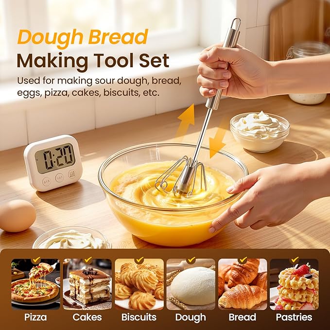 Danish Dough Whisk & Egg Whisk Set for Sourdough Bread, 2PCS Bread Dough Mixer for Sourdough, Pizza, Batter, Eggs & Cream, Heavy Duty Baking Whisks, 12-Inch