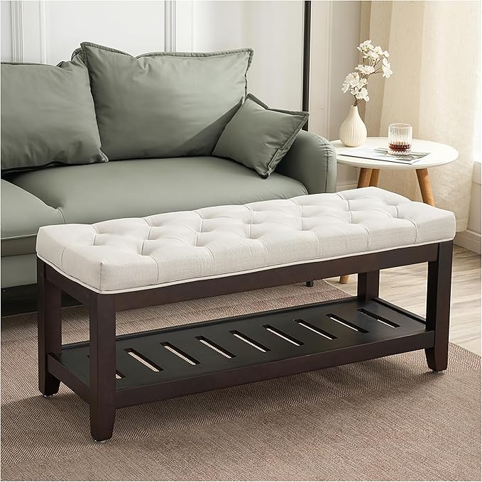 44" Ottoman Bench, Upholstered End of Bed Bench, Oversized Footrest with Wood Shelf torage Storage Bench for Bedroom, Entryway, Living Room, White