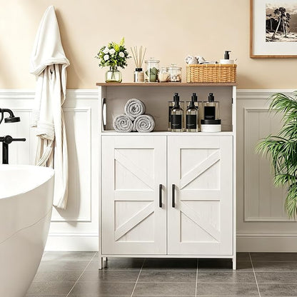 Homhedy Farmhouse Bathroom Storage Cabinet with 2 Doors, Toilet Paper Cabinet with Adjustable Shelf, Small Bathroom Cabinet for Laundry/Living Room, 11.8 x 23.6 x 31.5 Inches, Rustic White and Brown