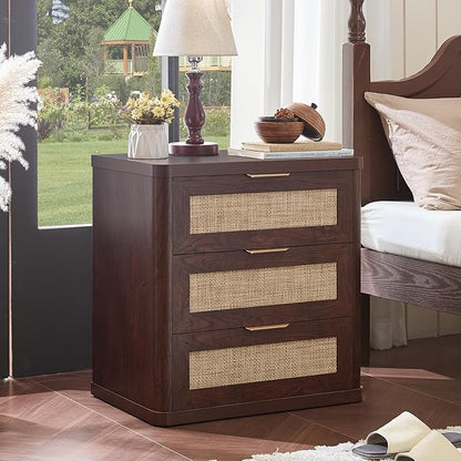 LEYAOYAO Rattan Night Stand Set of 2 with Drawers, 23" Large 3 Drawer Boho Nightstand, Walnut Bedside Table Storage Cabinet, Bed Side End Tables Dresser for Bedroom, Living Room, Hallway, Closet