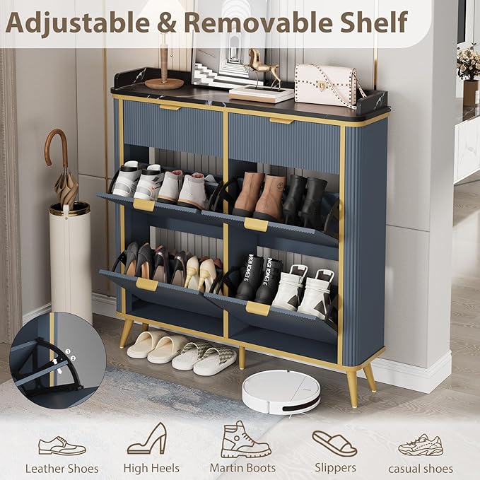 Shoe Cabinet with 4 Flip Drawers and 2 Drawers, Modern Fluted Wood Shoe Storage with Adjustable Shelves, Narrow Slim Shoe Organizer for Entrance, Foyer, Hallway, Navy Blue