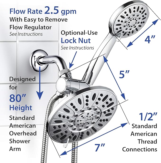 AquaDance 7" Premium High Pressure 3-Way Rainfall Combo with Stainless Steel Hose – Enjoy Luxurious 6-setting Rain Shower Head and Hand Held Shower Separately or Together – Brushed Nickel Finish
