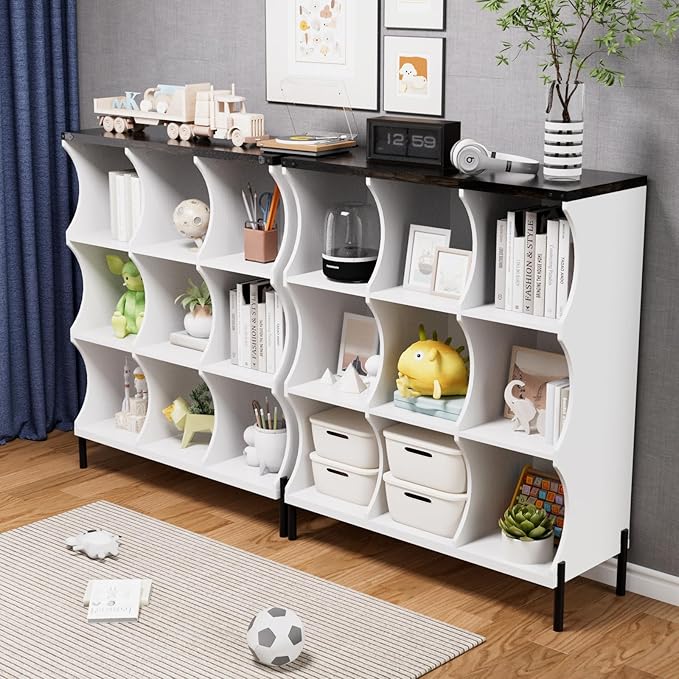 9 Cube Book Shelf, Low and Short Bookshelf, Long Cube Storage Organizer Wood TV Stand, Toy Organization DVD Cabinets for Living Room, Office, Bedroom, Dorm, White with Dark Brown Top