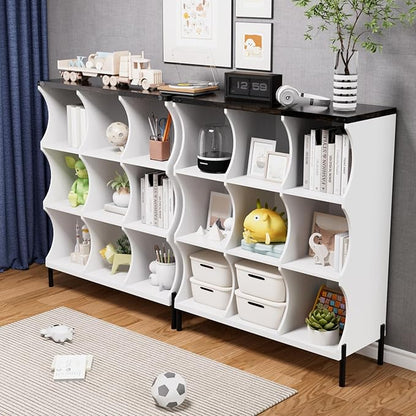 9 Cube Book Shelf, Low and Short Bookshelf, Long Cube Storage Organizer Wood TV Stand, Toy Organization DVD Cabinets for Living Room, Office, Bedroom, Dorm, White with Dark Brown Top