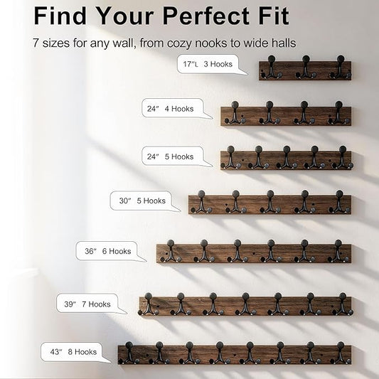SKOLOO 17-Inch Wood Burnt Coat Rack Wall Mount with 3 Triple Hooks - Ideal for Family Entrances, Classrooms, and Pet Supplies Storage - Perfect Coat Hooks for Wall, Pack of 2