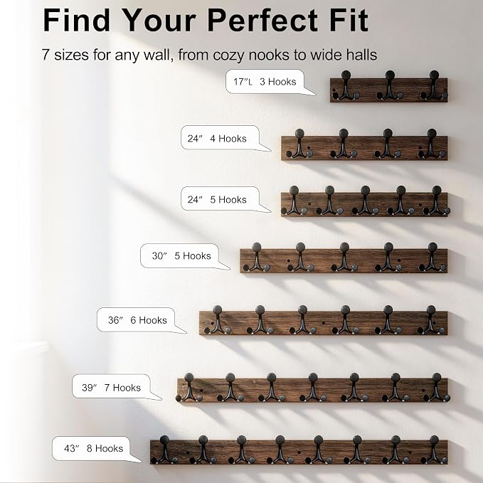 SKOLOO 43-Inch Wood Burnt Coat Rack Wall Mount with 8 Triple Hooks - Ideal for Family Entrances, Classrooms, and Pet Supplies Storage - Perfect Coat Hooks for Wall, Pack of 2
