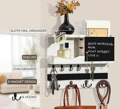 Key Holder for Wall Mount with Shelf and Mail Organizer, Key and Mail Holder with 16 Hooks, Farmhouse Entryway Organizer, Home Decor Rack (Pine Wood, White Washed)