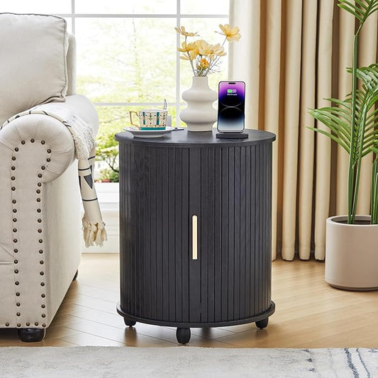 Fluted Round End Table with Charging Station, Farmhouse Small Sofa Side Table with Sliding Tambour Door & Storage, Mid-Century Wood Fulted Nightstands for Living Room, Bedroom ((Black)