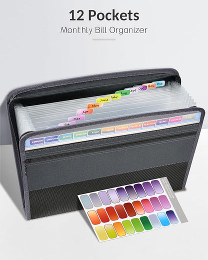 Sooez Accordion File Organizer with Safe Zipper, 12 Pocket Expanding File Folder with Front Pencil Pouch, Portable Monthly Paper Bill Tax Receipt Organizer, School Office Supplies, Letter Size, Green