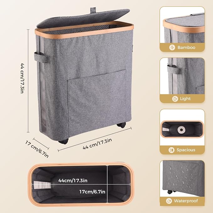 Toilet Paper Storage Organizer with Lid and Wheels, 33L Slim Bathroom Hamper - Holds 16 Rolls, Mobile Laundry Basket for Bathroom, Bedroom, Dorm, Foldable & Waterproof (Grey)