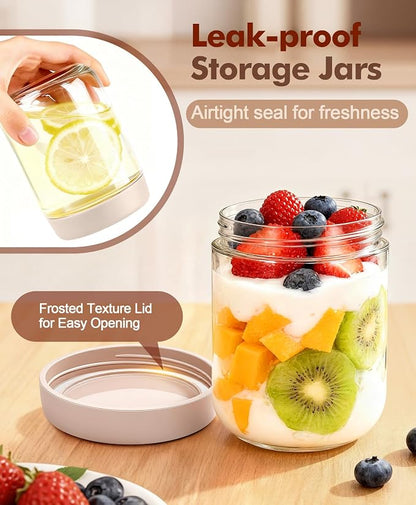 6 pack 16 oz Overnight Oats Containers with Lids and Spoons Glass Jars with Airtight Lids: Wide Mouth Mason Salad Jars, Leakproof and Reusable Glass Food Storage Container for Yogurt Snacks Spice