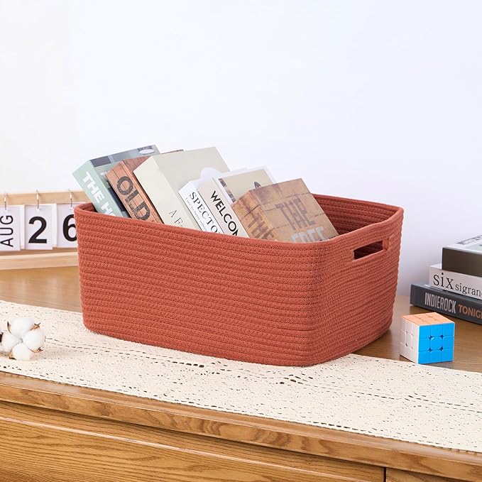 MiniArk Large Storage Baskets for Organizing, Closet Shelf Baskets for Clothes Blanket Towels, Baby Nursery, Toy Bins Box, Woven Rope Baskets, 17 x 13 x 7.5”, 4 Packs Oxide Red