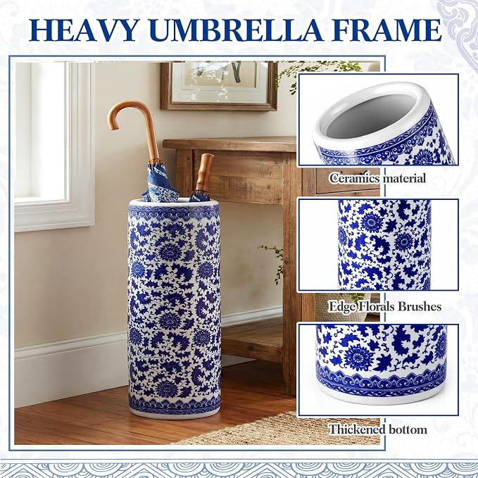 Sawysine Blue and White Ceramic Umbrella Stand, Floral Design Floor Vase for Entryway Indoor Decorative, 19.7" Heavy Porcelain Holder for Umbrellas Canes Home Decor(19.7 Inch,Lotus in Vine)
