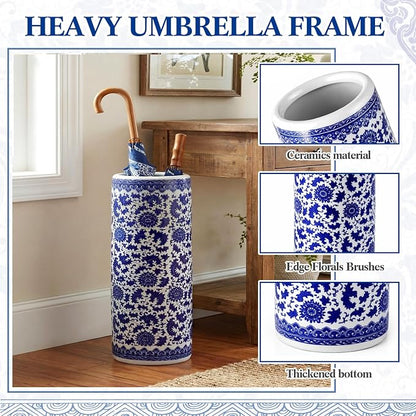 Sawysine Blue and White Ceramic Umbrella Stand, Floral Design Floor Vase for Entryway Indoor Decorative, 19.7" Heavy Porcelain Holder for Umbrellas Canes Home Decor(19.7 Inch,Lotus in Vine)
