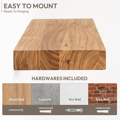 Marsmiles 36 inch Floating Shelves for Wall Solid Elm Wood Shelves|Rustic Wall Shelves with Invisible Heavy-Duty Bracket for Bathroom Living Room Kitchen|Natural, 2 Pack