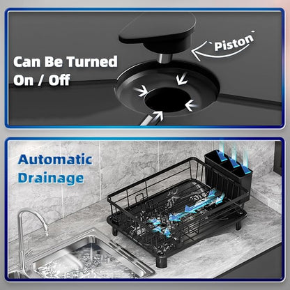 GAOKASE Dish Drying Rack, Stainless Steel-Dish Rack, Dish Racks for Kitchen Counter, Kitchen Dish Drainers with Removable Utensil Holder,New Drain Outlet,Plate Rack and Drainboard (Black 3)
