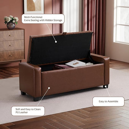 GRAINELL Storage Ottoman Bench, Upholstered Tufted Bedroom Bench with Storage, End of Bed Storage Bench for Living Room & Entryway, 350 lb Capacity, Leather Brown