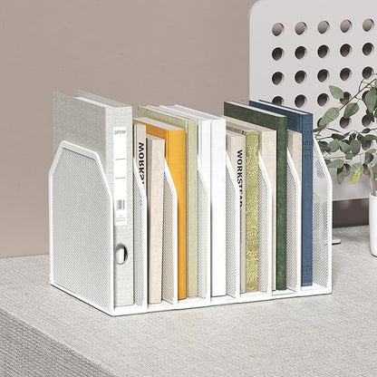Metal 7 Section File Folder Organizer for Desk | Vertical Office File Holder | Heavy-Duty Mesh Document Sorter for Books, Binders, Laptops | Desk Organizer,7 Sections White
