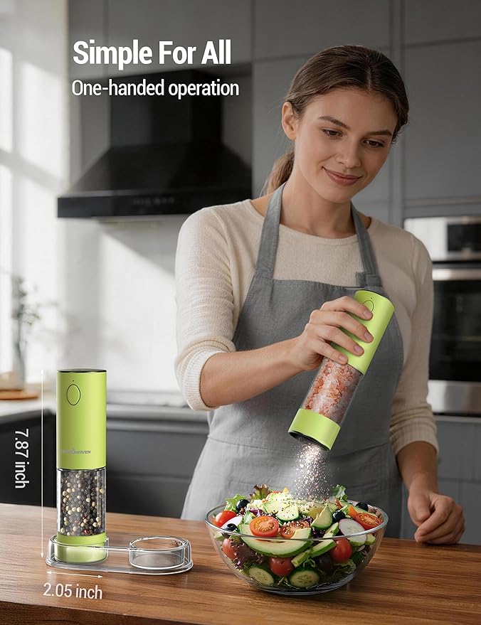 ThermoMaven Electric Salt and Pepper Grinder Set, 110ml Larger Rechargeable Automatic Salt and Pepper Mill Grinder with 6 Adjustable Coarseness, Electric Salt and Pepper Shakers, LED, Pistachio