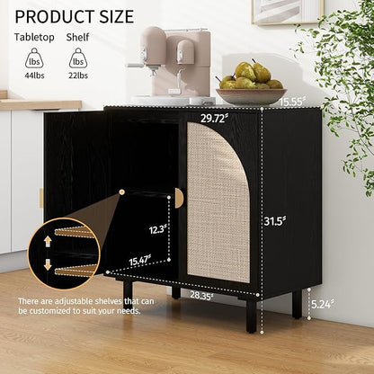 Black Rattan Cabinet-2-Doors,Sideboard Buffet Cabinet with Storage-Accent Storage Cabinet with Cane Door, Boho Wood Credenza for Dining Room, Bathroom, Study, Kitchen