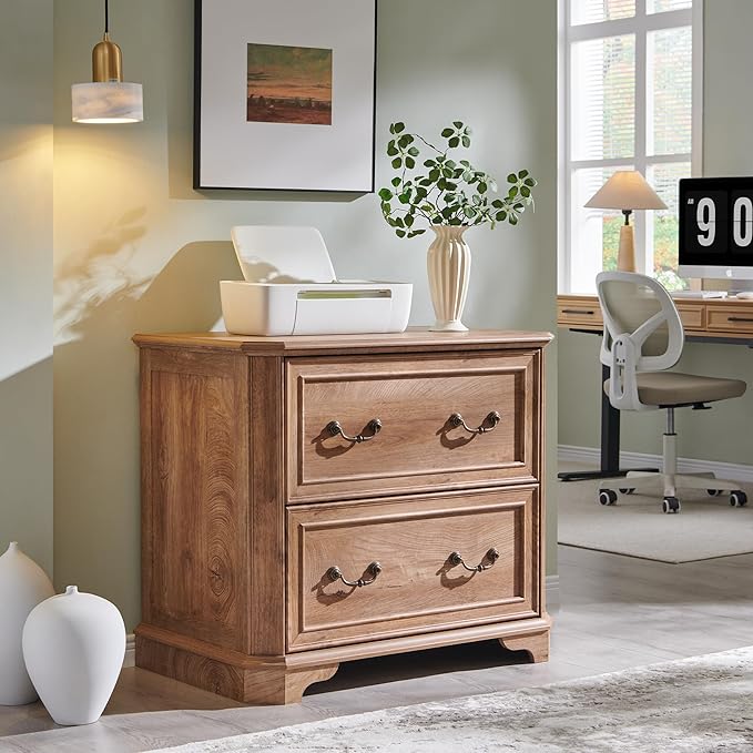 T4TREAM 34" Lateral File Cabinet Set of 2 w/2 Drawers, Farmhouse Filing Cabinet w/34 Wide Wooden Tabletop & Smooth Rails, Holds Letter/Legal, Hexagonal Design & Framed Drawer Fronts, Light Knotty Oak