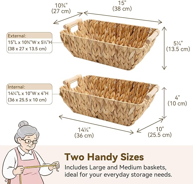 GRANNY SAYS Wicker Storage Baskets, Storage Basket for Shelves, Trapezoid Wicker Baskets with Handles, Water Hyacinth, 2-Pack
