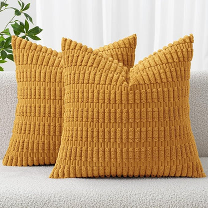 MIULEE Pack of 2 Corduroy Decorative Throw Pillow Covers 20x20 Inch Soft Boho Striped Pillow Covers Modern Farmhouse Home Decor for Summer Sofa Living Room Couch Bed Gold Yellow