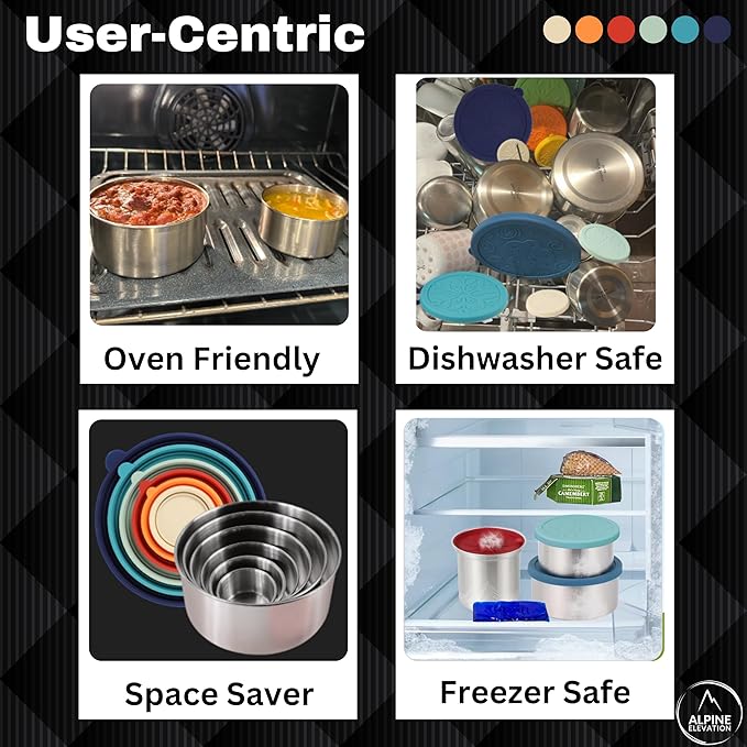 Alpine Elevation 12 Pcs - 6 Stainless Steel Containers + 6 Silicone Lids | 304 Stainless Steel Snack Container | Nesting Snack and Dip Containers | Metal Food Storage