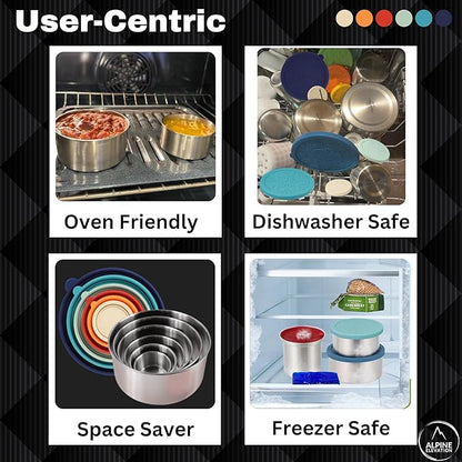 Alpine Elevation 12 Pcs - 6 Stainless Steel Containers + 6 Silicone Lids | 304 Stainless Steel Snack Container | Nesting Snack and Dip Containers | Metal Food Storage