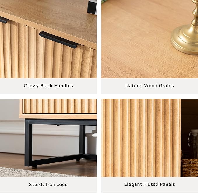 Fluted Storage Cabinet with 3 Doors, Sideboard Buffet Cabinets, Modern Accent Cabinets with Adjustable Shelves, Wooden Credenza Console Table Cabinet for Living Dining Room, Natural Oak
