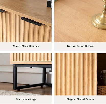 Fluted Storage Cabinet with 3 Doors, Sideboard Buffet Cabinets, Modern Accent Cabinets with Adjustable Shelves, Wooden Credenza Console Table Cabinet for Living Dining Room, Natural Oak