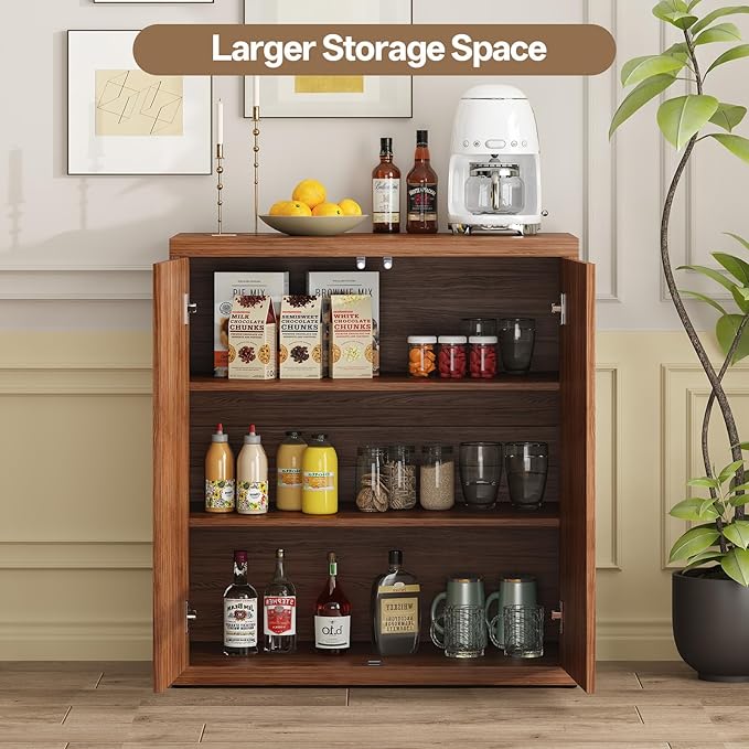 31” Sideboard Cabinet with Storage, Fluted Accent Cabinet with Adjustable Shelves, Modern Wood Credenza Cabinets with Pop-up Doors for Entryway Kitchen Living Room Hallway, Walnut 3pcs