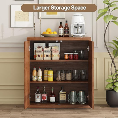 31” Sideboard Cabinet with Storage, Fluted Accent Cabinet with Adjustable Shelves, Modern Wood Credenza Cabinets with Pop-up Doors for Entryway Kitchen Living Room Hallway, Walnut 4pcs