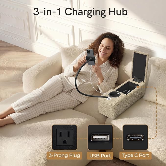 Multifunctional Couch Caddy Armrest with Couch Cup Holder Charging Console Phone Holder Storage 20.3'' Arm Rest Caddy Removable Chenille Sofa Armrest Organizer for Home Sofa Living Room, Camel