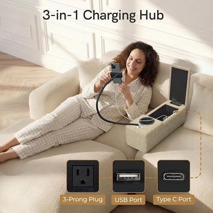 Multifunctional Couch Caddy Armrest with Couch Cup Holder Charging Console Phone Holder Storage 20.3'' Arm Rest Caddy Removable Chenille Sofa Armrest Organizer for Home Sofa Living Room, Camel