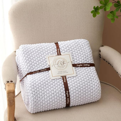 Chunky Cable Knit Throw Blanket Lightweight White 100% Organic Cotton Blanket for Sofa Couch Bed Baby Nursery, Rustic Shabby Chic Modern Farmhouse, Pure White 60” x 80” Give Laundering Bag