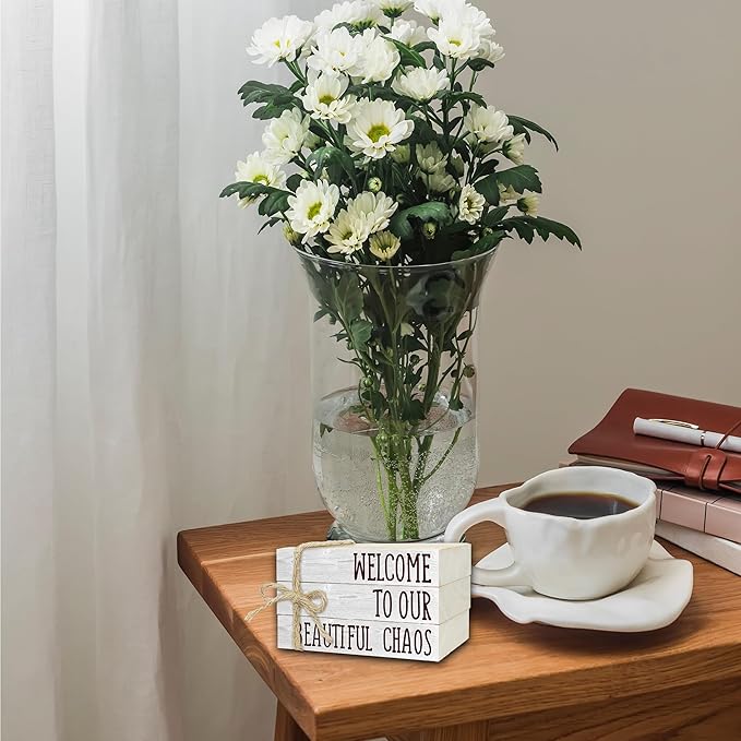Decorative Books For Home Decor, Rustic Wood Book Stack For Table Decor, Welcome To Our Beautiful Chaos Decor Books For Living Room Bookshelf, Farmhouse Stacked Books Decor (L20)