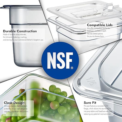 CURTA 6-Pack 1/6 Size 6" Deep NSF Polycarbonate Food Pans | Dishwasher & Freezer Safe Clear Container for Prep Tables, Buffet, Salad Bar, Commercial & Home Kitchen