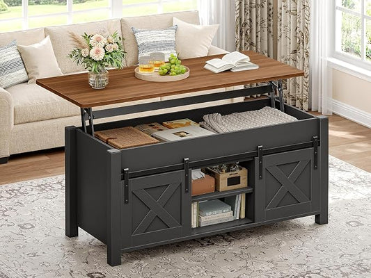 SEDETA Lift Top Coffee Table, Farmhouse Lift Tabletop Dining Table, Gas Spring, Hidden Compartment, Open Storage Shelf, for Living Room, Black Brown