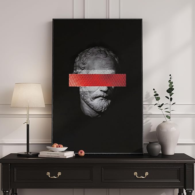 Framed Modern Wall Art, Large Minimalist Canvas Prints Paintings for Walls, Black Grey and Red Contemporary Greco Roman Bust Pictures for Living Room Diningroom Bedroom Hallway Home Decor 24x36 In