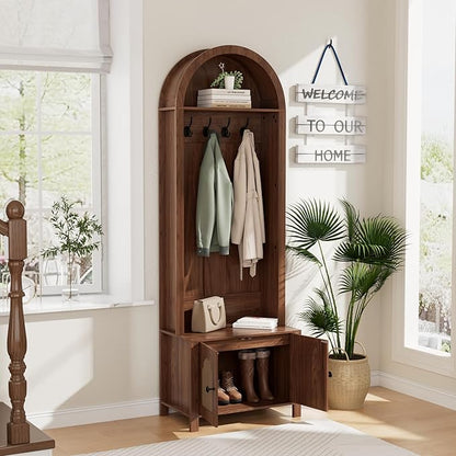 Hall Tree with Bench and Shoe Storage, Entryway Storage Bench with Coat Rack, 70.9"Arch Coat Rack with 4 Hooks and 2 Fluted Doors, Farmhouse Style Furniture Organizer for Hallway (Walnut, 23.7"W)