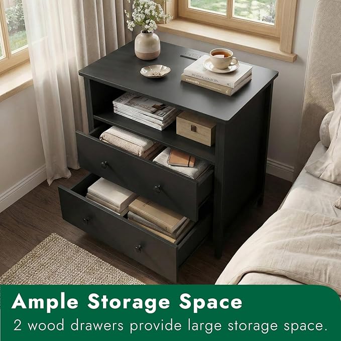 27 Inch Wide Night Stand, Large Wood Night Stand with 2 Drawer, LED Nightstand with Charging Station and Adjustable Drawer, Bedside Table for Living Room/Bedroom/Study/Office, Black.