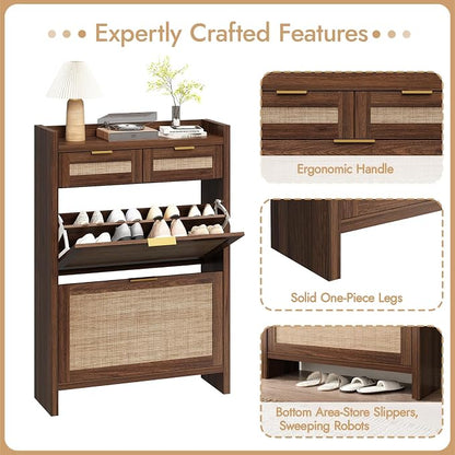 HOKYHOKY Rattan Shoe Storage Cabinet with 2 Drawers & 2 Flip Drawers – Hidden Slim Shoe Organizer for Entryway, Large Tabletop Space, Farmhouse Boho Narrow Shoe Rack, Walnut