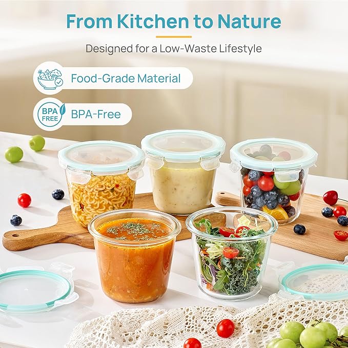 Vtopmart 5Pack 24oz Glass Storage Containers with Lids, Glass Meal Prep Food Container Sets with Snap Airtight Lid for Microwave, Oven, Freezer and Dishwasher, Green, Round