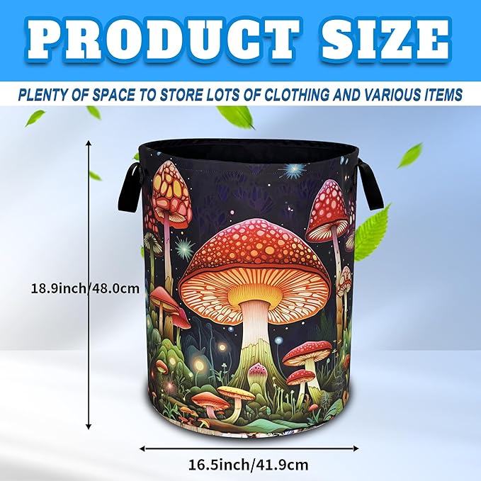 Red Mushroom Laundry Basket Oxford Cloth Psychedelic Plant Laundry Hamper With Handle Foldable Portable Clothes Storage Basket 18.9 X 16.5 In Storage Bag For Laundry Room/Bathroom/Bedroom/Dormitories