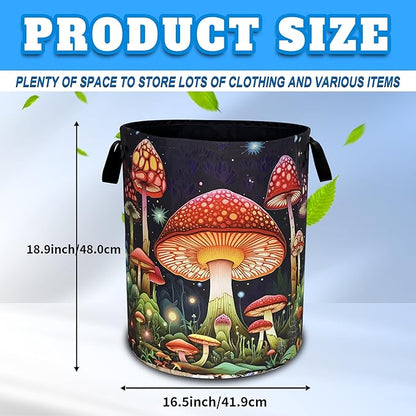 Red Mushroom Laundry Basket Oxford Cloth Psychedelic Plant Laundry Hamper With Handle Foldable Portable Clothes Storage Basket 18.9 X 16.5 In Storage Bag For Laundry Room/Bathroom/Bedroom/Dormitories